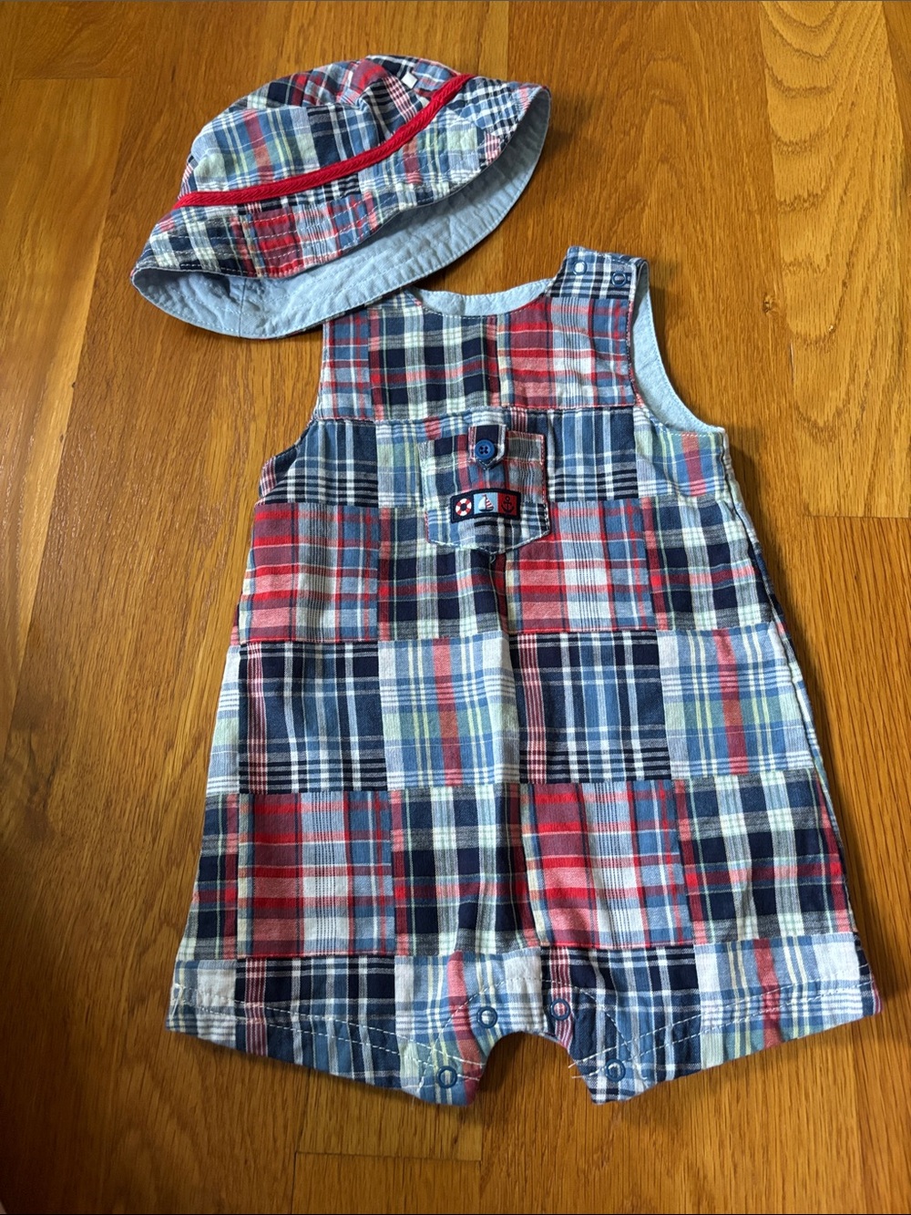 NWOT never worn just washed Little Me Red & Blue Plaid Romper with Matching Hat